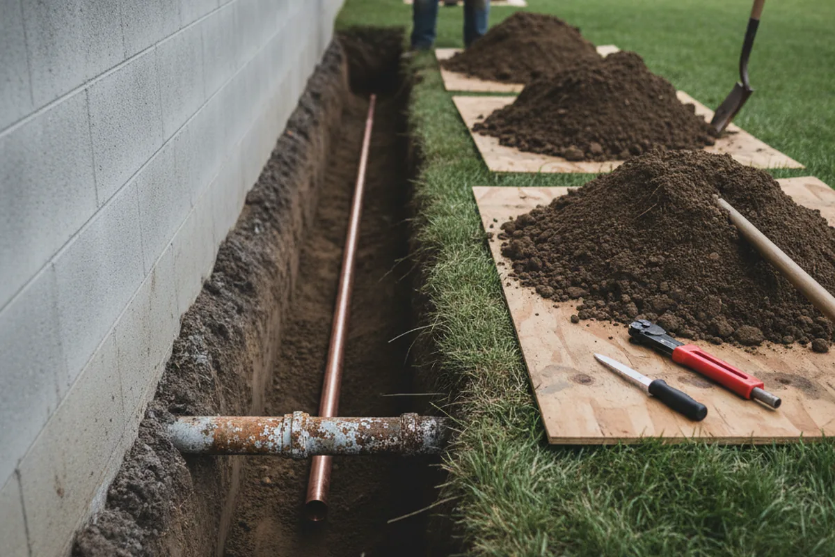 Excavated water line trench during Sewer Line Repair in Sand Coulee